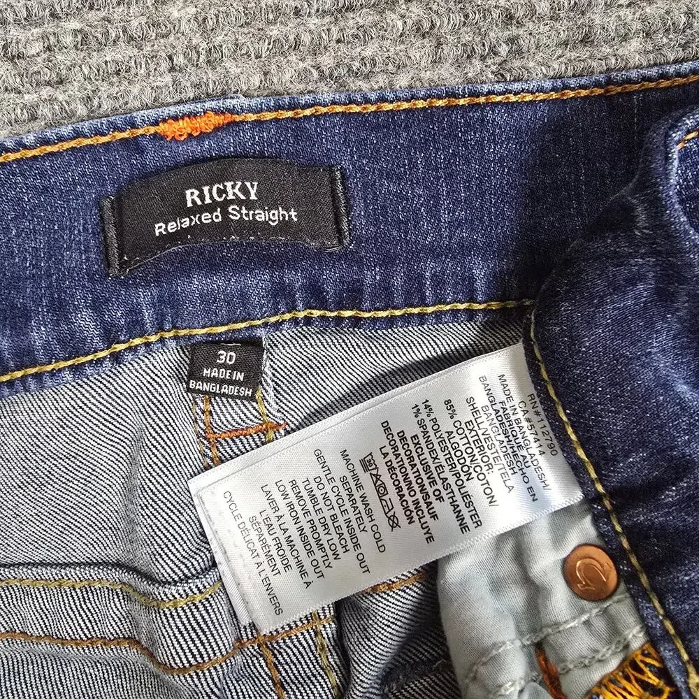 True Religion Ricky Flap Jeans Mens 30x26 Relaxed Straight Dark Wash Hemmed